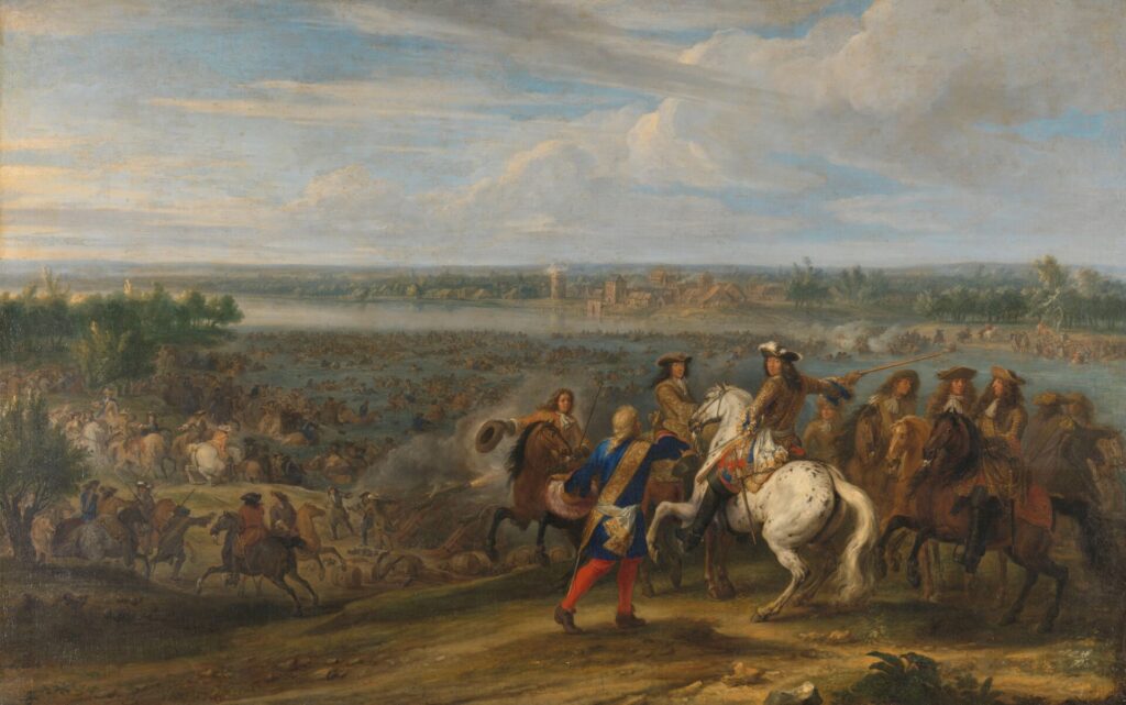 Lodewijk XIV, koning van Frankrijk, trekt bij het Tolhuis bij Lobith de Rijn over, op 12 juni 1672. Collectie Rijksmuseum Amsterdam.